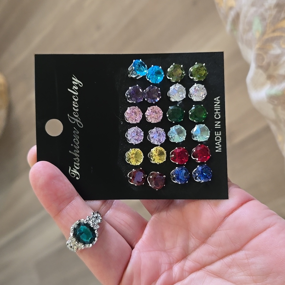 12 Pairs of Birthstone Earrings with FREE Ring